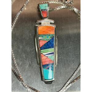 Lazuli Designs Navajo B. Joe Sterling multicolor Stone Inlaid pendant necklace